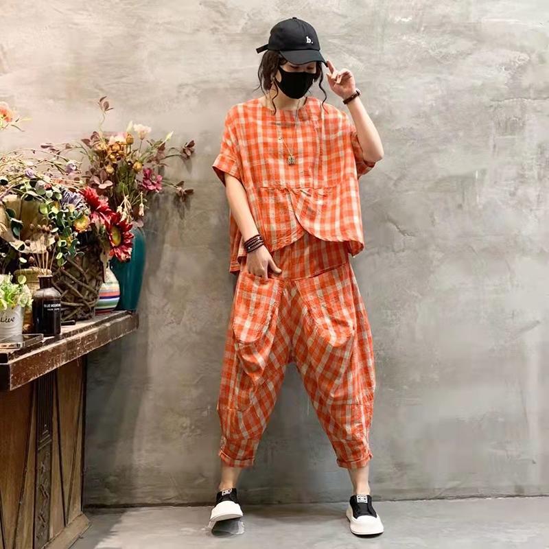 

Women's Two Piece Pants Summer Arts Style Women Cotton Linen Plaid Two-piece Sets Asymmetry Short Sleeve Tee Shirt Elastic Waist Harem C225W, Black