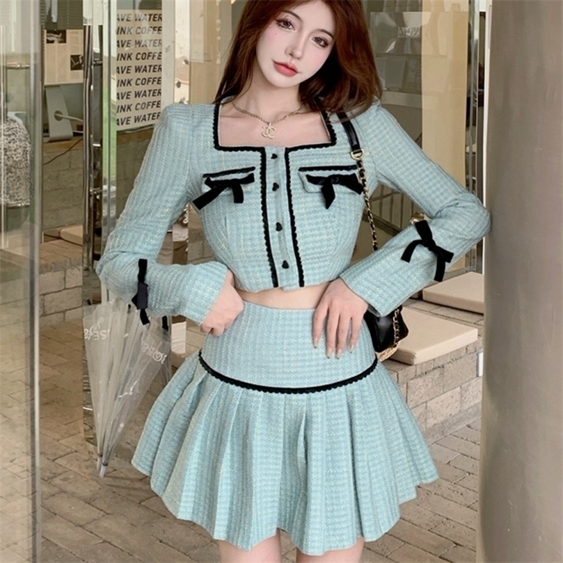 

High Quality Fall Fashion Sweet Tweed 2 Piece Set Women Short Jacket Coat Crop Top + Skirts Sets Small Fragrance Two Piece Suits 220513, Picture color