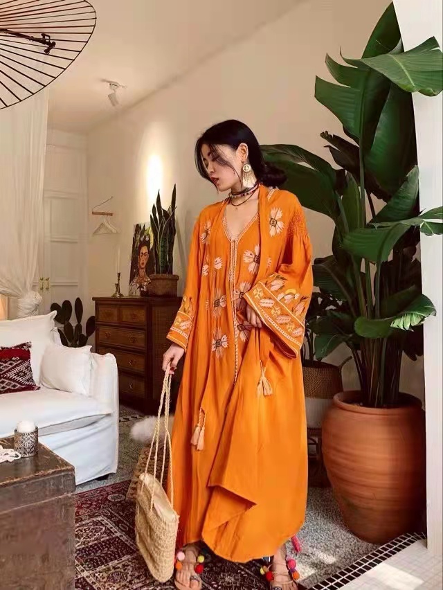 

2022 ethnic clothing Morocco travel resort style embroidered cotton linen dress