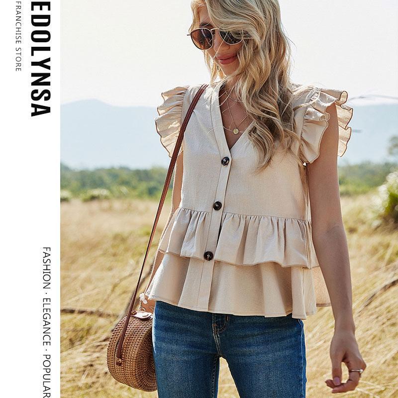 

Sweet Kawaii Girl Blouse V-neck Solid Color Casual Single-Breasted Shirt Summer Sleeveless Women' Tops Ruffles Swing Y90 Blouses & Shirts, Beige