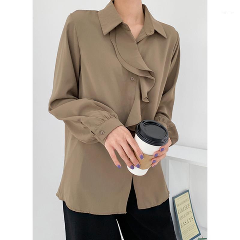 

Women's Blouses & Shirts Arrival Autumn Ruffle Blouse Satin Face Smooth Solid Long Sleeve Loose Turn-down Collar Women White Shirt D575, Black
