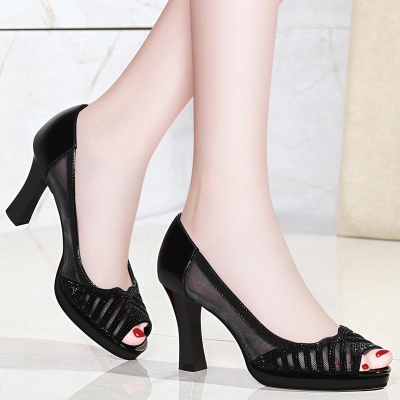 

Dress Shoes 2022 Summer Women Pumps Peep Toe Sandals High Heels Ladies Mesh Pump Rhinestone Wedding Zapatos Mujer, Black