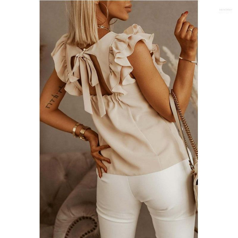 

Women's Blouses & Shirts Ruffle Short Sleeve Backless Lace Up Women Blouse Solid Oversize O-neck Lady Summer Loose Casual Fashion Vere22, Blue