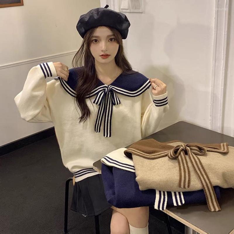 

Women's Sweaters Autumn Women Navy Collar Sweater Vintage Trendy Color Contrast Sweet Knitwear Long Sleeves Korean Female Loose Knitted Tops, 156 khaki