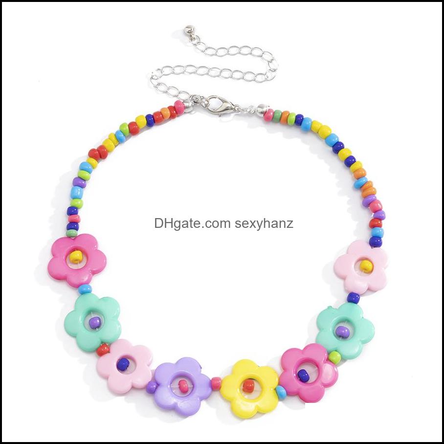

Beaded Necklaces Pendants Jewelry Fashion Seed Simple Retro Personality Hollow Flowers Short Clavicle Chain Temperament Colored Flower Acr