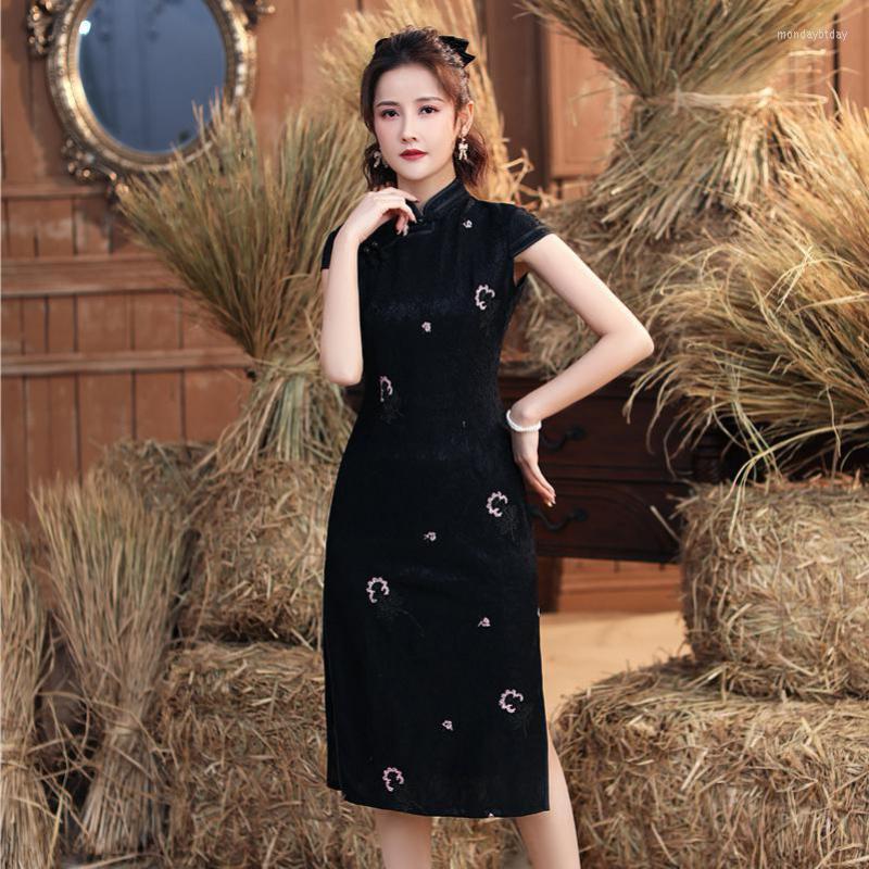 

Ethnic Clothing Black Women Embroidery Sweet Flowers Straight Cheongsam Skirt Vintage Lace Chinese Dresses Summer Slim M-3XL Qipao