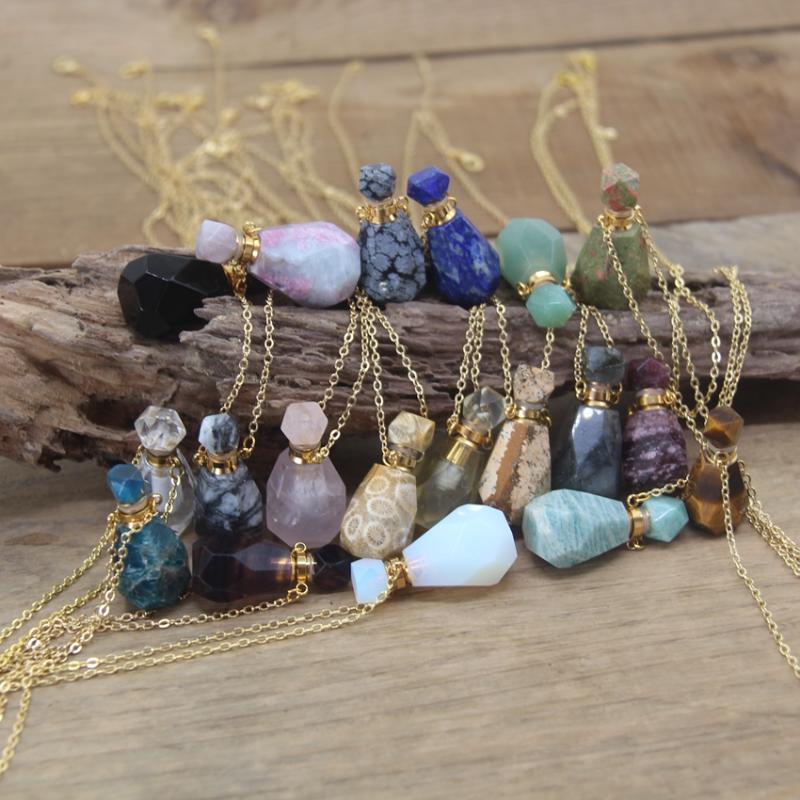 

Pendant Necklaces Faceted Natural Stone Crystal Essential Oil Vial Necklace Healing Perfume Bottle Charms Chains Jewelry QC1012Pendant