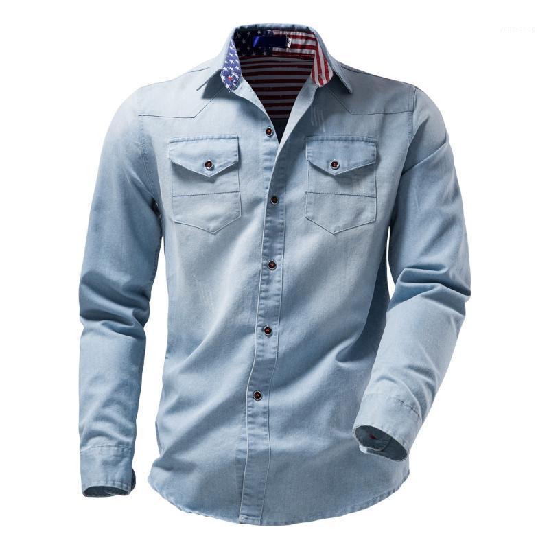 

Men' Casual Shirts Men Flag Washed Gradient Denim Shirt Single Breasted Long Sleeve Lapel Collar Pocket Top For Man 2022, Blue