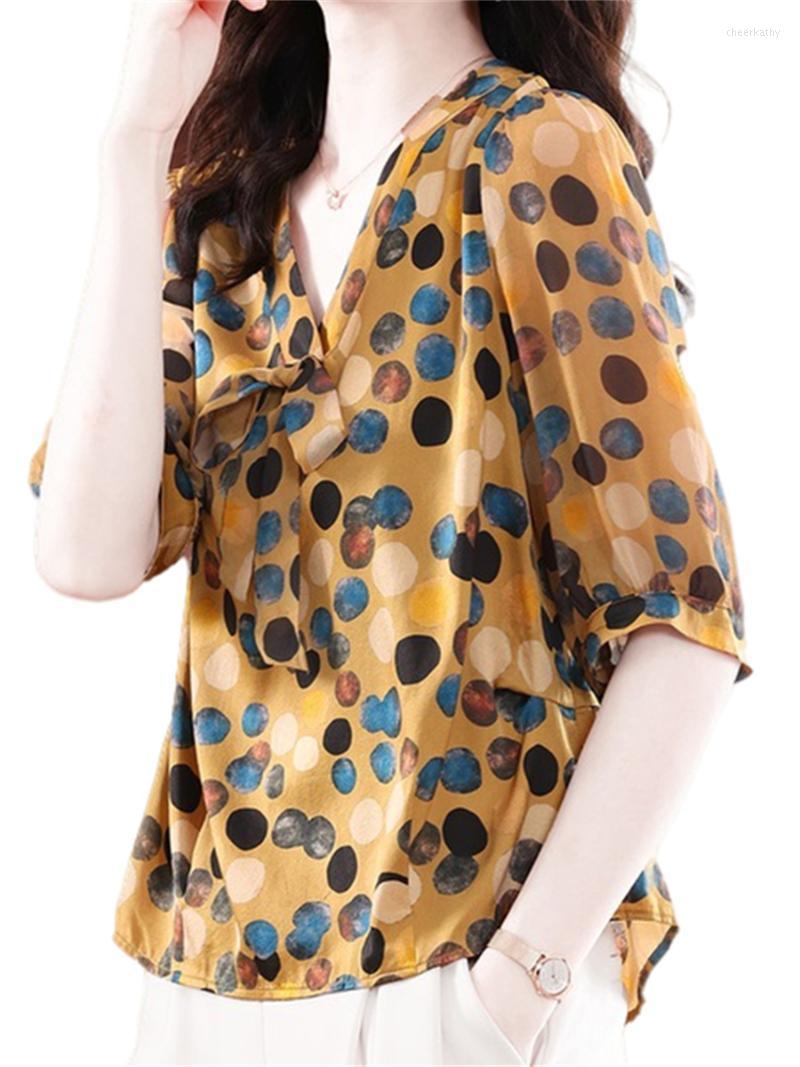 

Women' Blouses & Shirts Loose Women Spring Summer Lady Fashion Casual Short Bat Sleeve V-Neck Collar Polka Dots Blusas Tops WY0622Women' C, Yellow