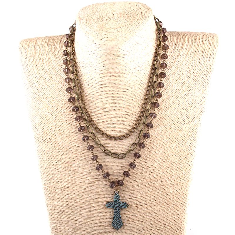 

Pendant Necklaces Fashion Bohemian Tribal Jewelry 3 Layer Multiple Glass Crystal Rosary Link & Chain Cross