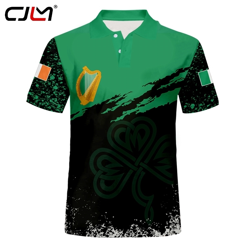 Marque de bonne qualité été 3D harpe irlandaise hommes à manches courtes polos chemises décontracté hommes revers polos chemises mode hommes haut