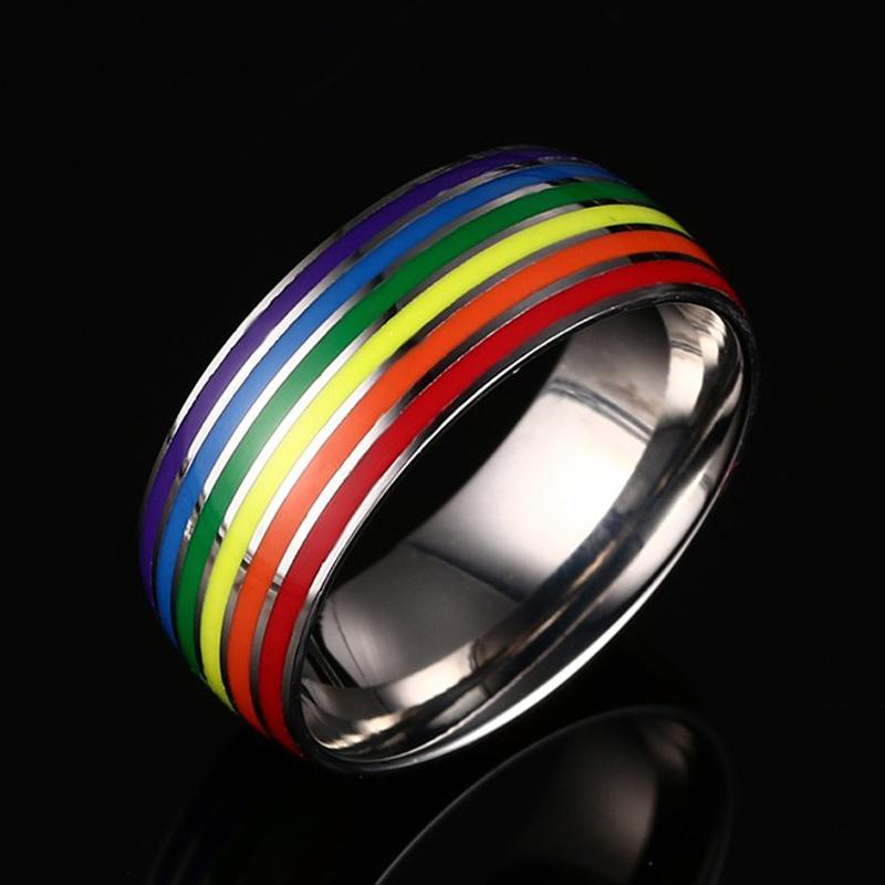 

Cluster Rings 8mm Rainbow Stripe Pride Stainless Steel Ring Lesbian For Gray Love Gifts US Size 15Cluster