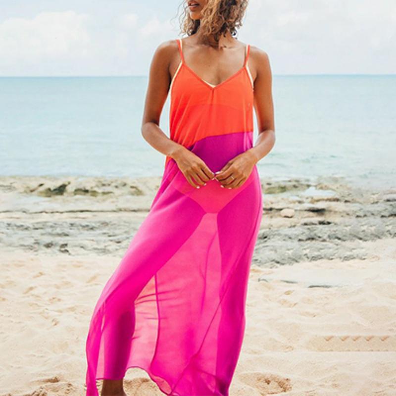 Women&#039;s Swimwear Casual Sleeveless Women Boho Long Dresses Vintage Contrast Loose Sling Chiffon Sundress Sexy Backless V Neck Slit Beach Cov-image-785714890