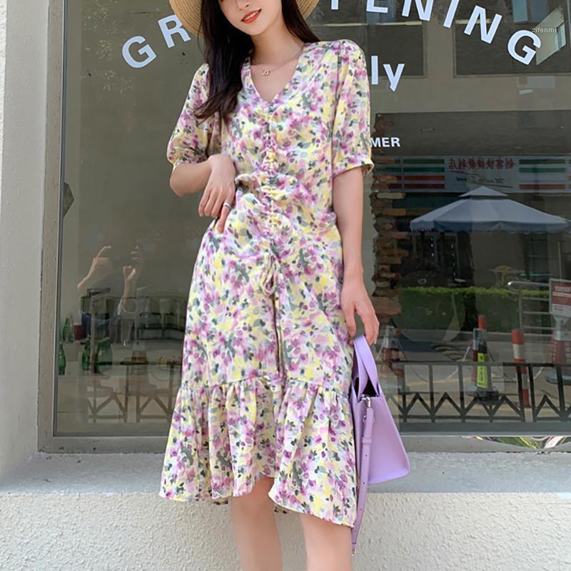 

Casual Dresses Floral Printed Dress Women Summer Elegant 2022 Long French Retro V-neck Drawstring Purple Chiffon Plus Size