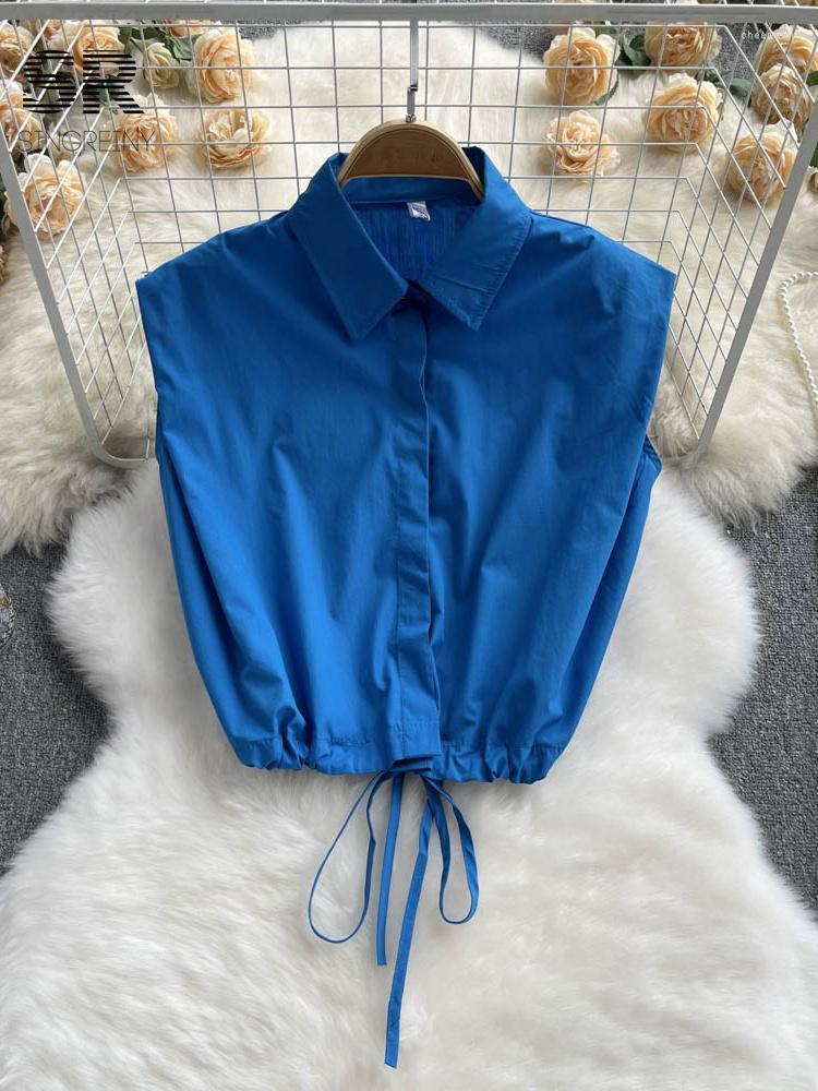 

Women's Blouses & Shirts 2022 Mini Drawstring Short Blouse Turn Down Collar Sleeveless Button Slim Top Ladies Summer French Vintage Beach To, Blue