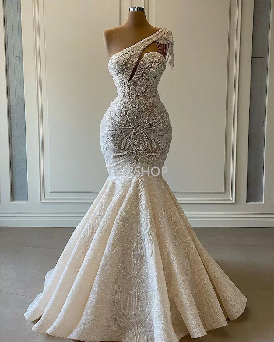 

Elegant Plus Size Arabic Aso Ebi Luxurious Lace Beaded Wedding Dresses One Shoulder Mermaid Bridal Dresses Vintage Wedding Gowns, Coral