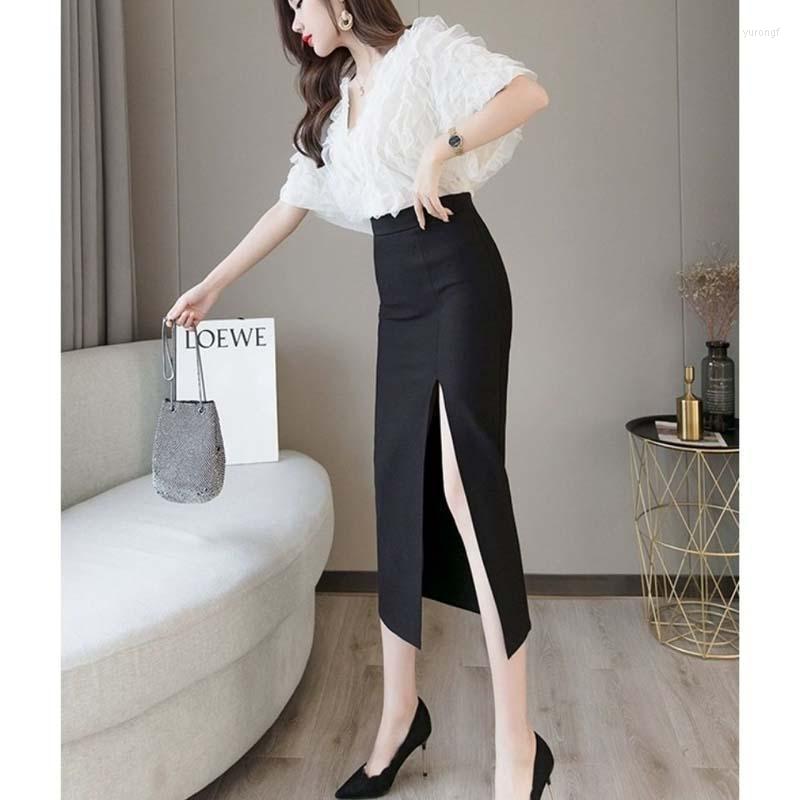 

Skirts 2022 Women Spring Summer Casual Loose Skirt Lady Split Elastic High Waist Solid Large Size Faldas Vintage A-line F461, Black