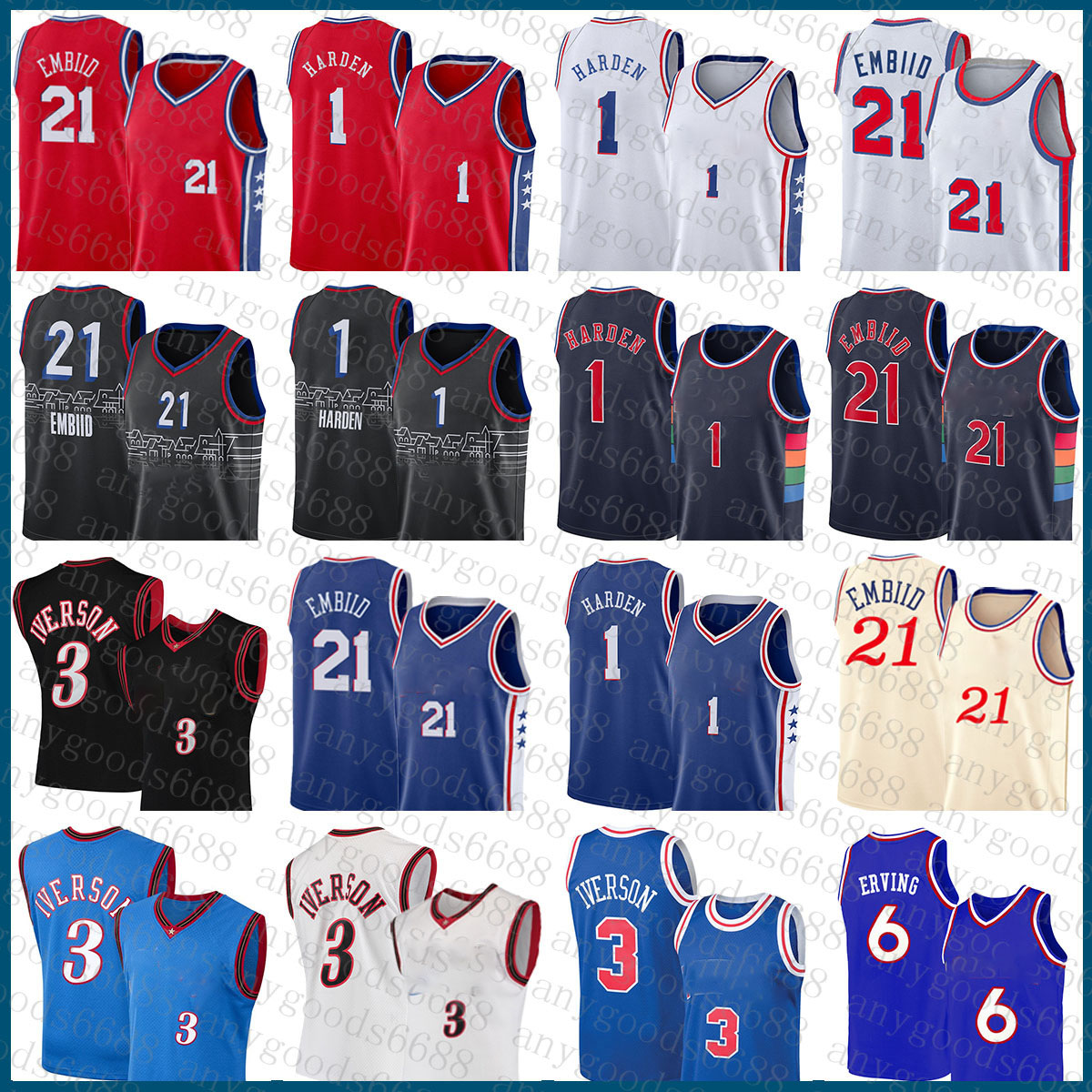 

Philadelphias 76er Mens James 1 Harden Basketball Jersey Joel 21 Embiid Allen 3 Iverson S-2XL Julius 6 Erving White