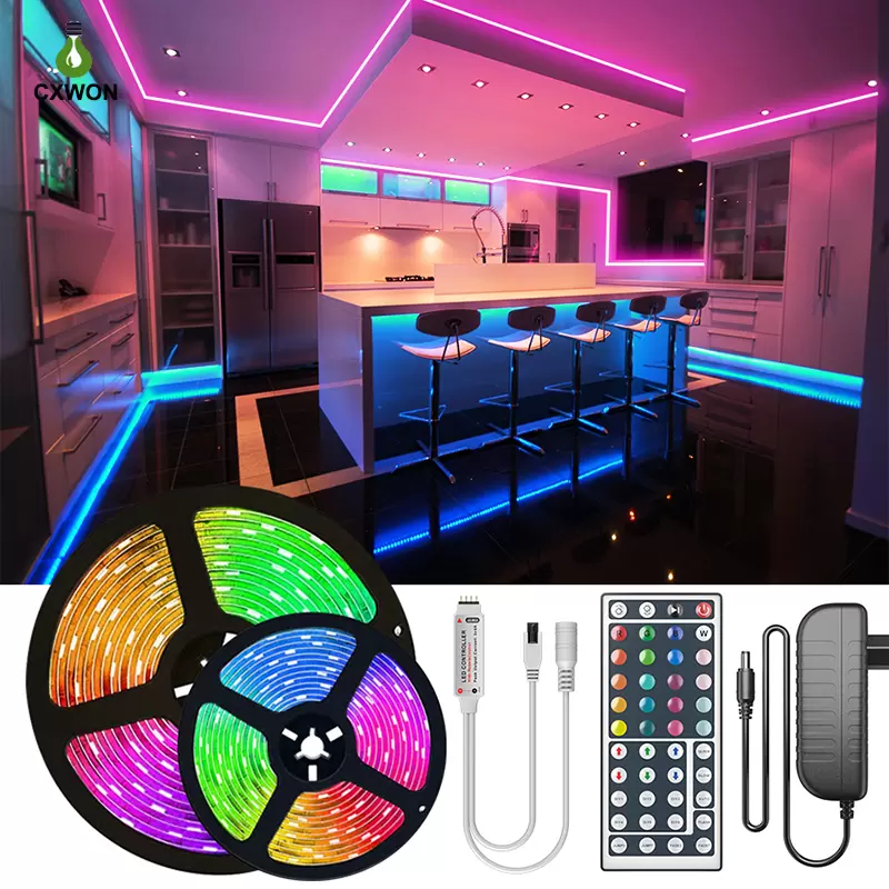 

Drop Ship 16.4FT 32.8FT 49FT 65FT RGB Strip Light DC12V 5050SMD Led lights with Adapter and 44keys IR Controller
