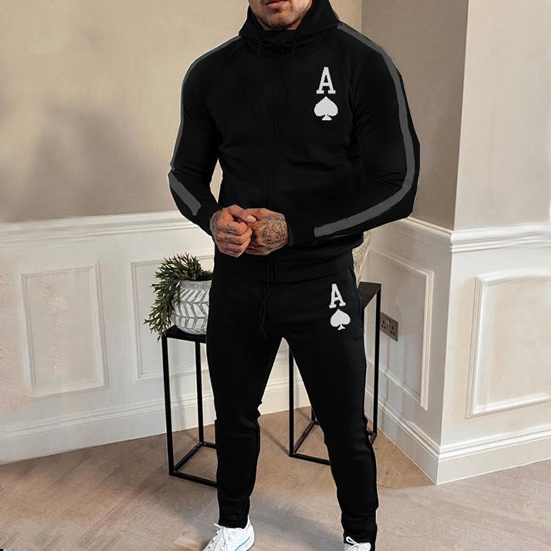 

Men's Tracksuits Men's Spring Autumn Leisure Suits Sports Hooded Zipper Coat Stitching Small Foot Pants Poker Printed Street 2 Pieces Se, Black1