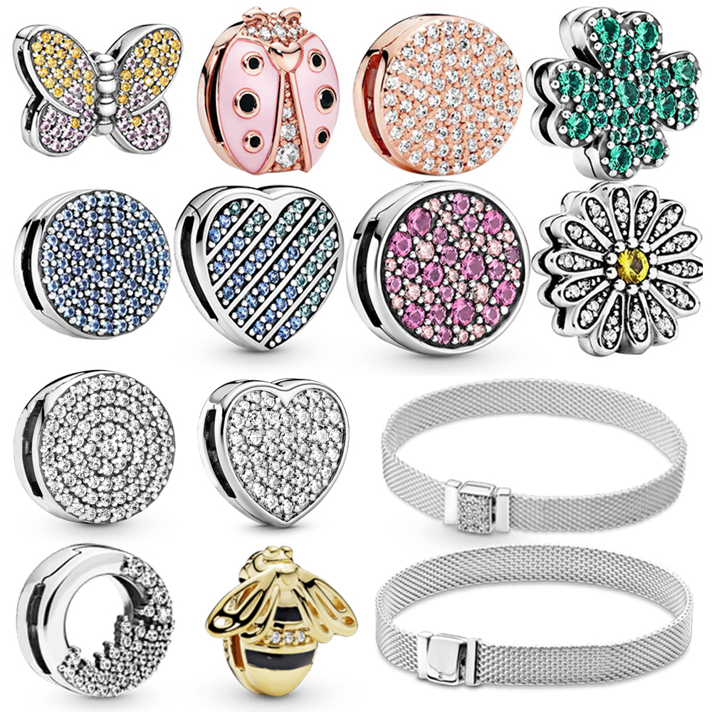 

925 silver Four Leaf Clover Butterfly Charm Jewelry Fit Pandora Reflection Mesh Bracelet