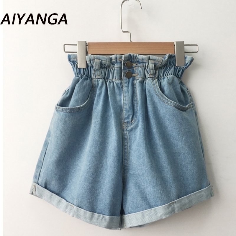 

Summer High Waist Denim Short Casual Loose Ladies Fashion Roll Up Hem Elastic Waist Pocket Blue White Jeans Female Y200403
