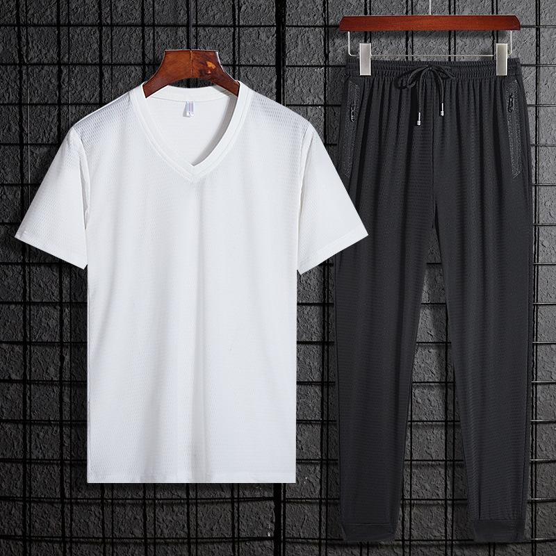 

Men's Tracksuits 2022 Summer Ice Silk Pants Set Men Mesh Air Conditioning Pant Smooth High Elasticity Ankle-length Short-sleeved T-shirt, Black set