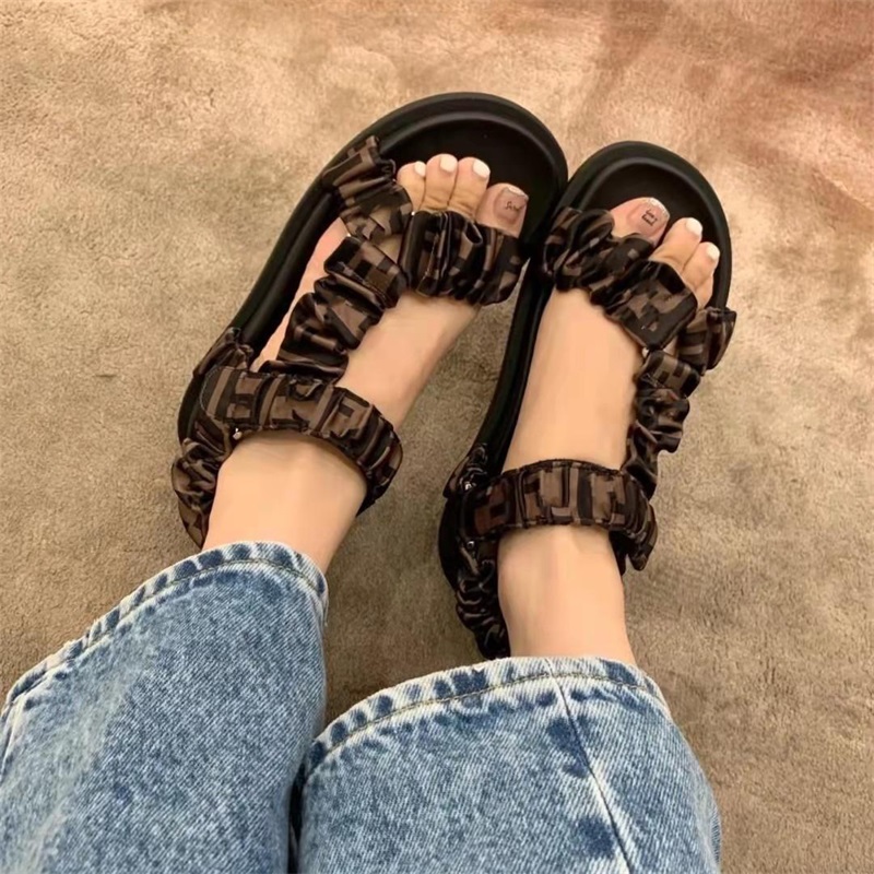 

2022 Women Designer sandal Brown satin sandals Flat sandal with wide bands Soft Print stretch satin Summer Beach Slides flip flops With Box 349