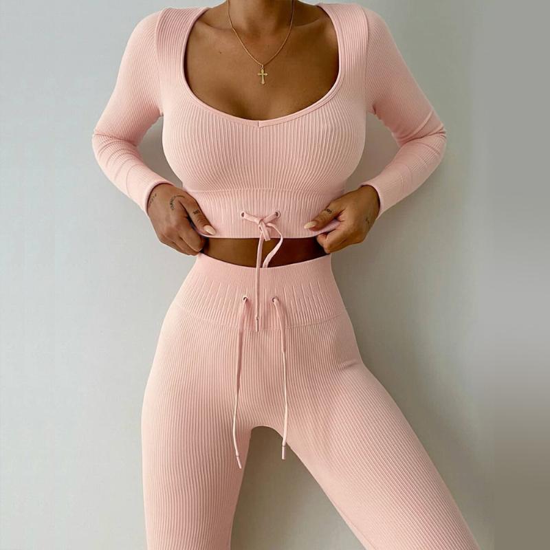 

Women' Two Piece Pants 2PCS Women Seamless Gym Clothing Set Tracksuit Long Sleeve Crop Top High Waist Leggings Sportswear Fitness Sports Su, Black