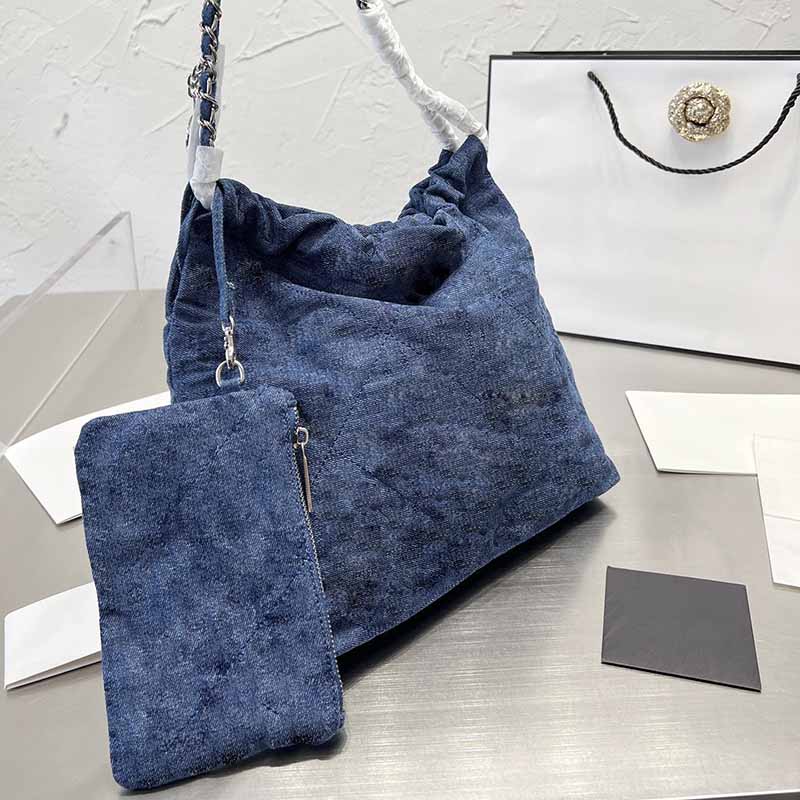 

33CM 2022 Women Blue Tote Bag Cowboy Denim Vintage Designer Bag Full Printing Two in one Gold-Tone Metal Chains Coin Hardware High Capacity, Box