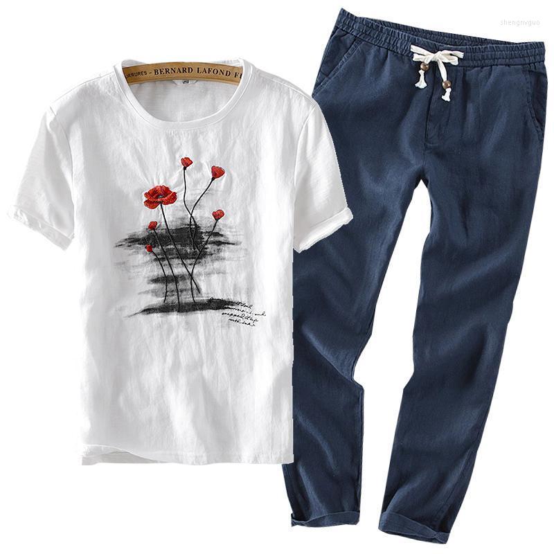 

Men' Tracksuits 2022 Sinicism Fashion Summer Cotton Linen Movement Suits/Male Slim Embroidery Leisure T-shirt Pants/two-piece Tops -3XL, White light blue