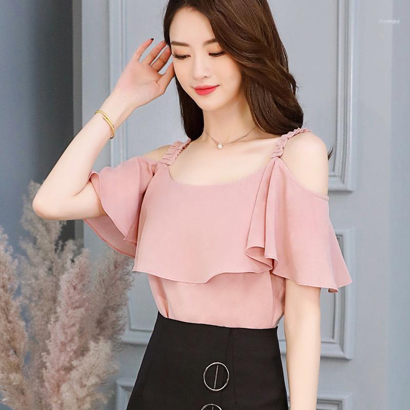 

Women' Blouses & Shirts Slash Neck Chiffon Short Bohemian Blusa Feminina Top Women Off Shoulder Camisa Sleeve Ruffle Korean1, Pink