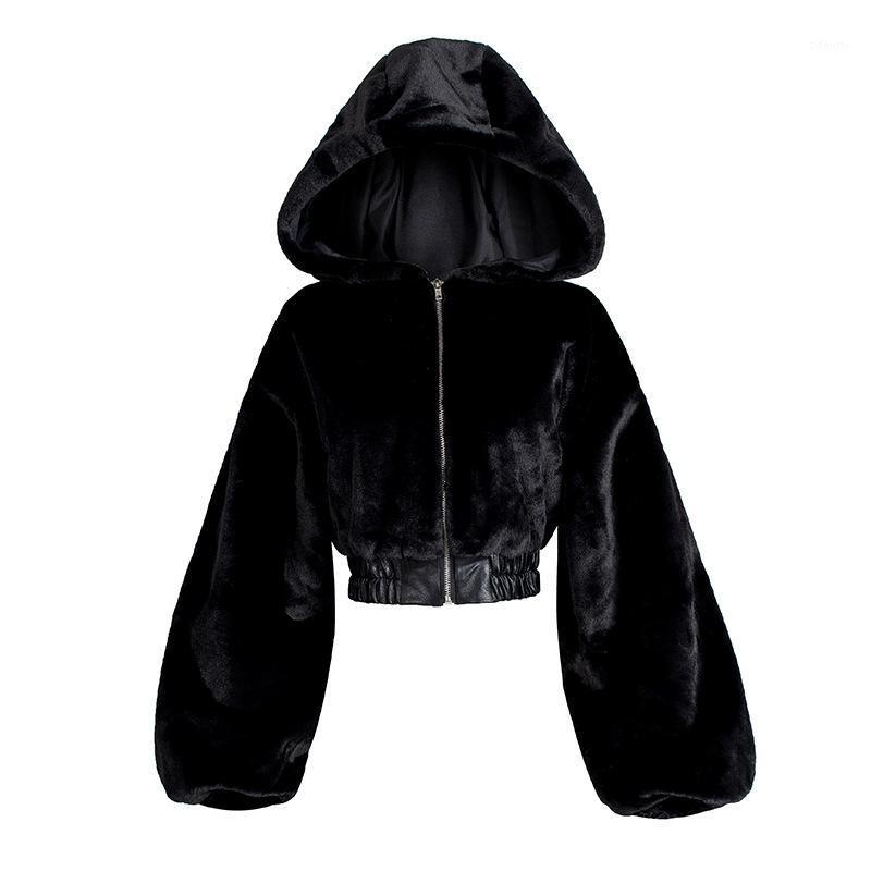 

Women' Hoodies & Sweatshirts Autumn And Winter Street Style Hoodied Soild Color Black High Waist Fur Hooded Jacket Top