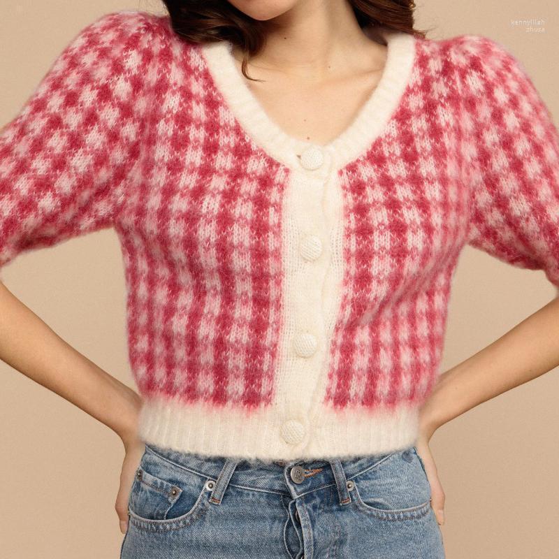 

Women's Knits & Tees Vintage Mohair Plaid Women Knit Cardigan Sweater 2022 O-neck Half Sleeve Casual Wild Lady Kenn22, Blue