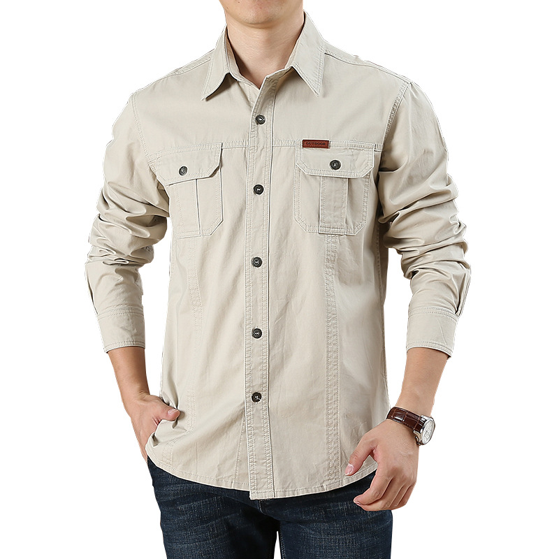 2022 Mens Men's casual loose long sleeved shirt 2022 cotton solid color middle-aged and young shirt Casuals Sleeves Lapel Top Men big size X