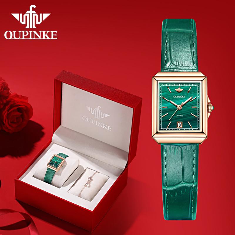 

Wristwatches Luxury Women Watch Waterproof Sapphire Mirror Leather Strap Green Dial Casual Business Ladies Quartz Bracelet SetWristwatches, As pic