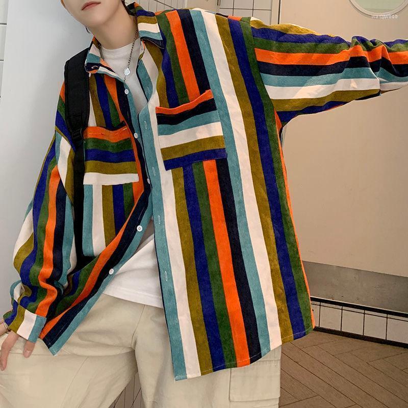 

Men's Casual Shirts Autumn Corduroy Men Fashion Color Striped Streetwear Korean Loose Long-sleeved Mens -3XL, Yellow