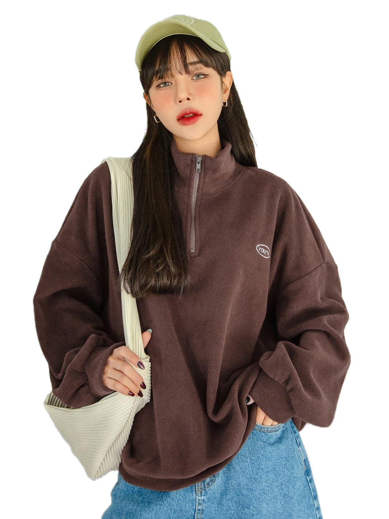 

dazy Quarter Zip Letter Embroidery Drop Shoulder Fleece Sweatshirt R0FQ#, Mocha brown