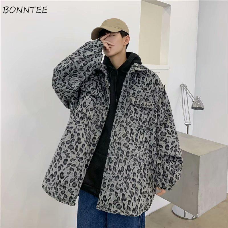 

Men's Jackets Men Autumn Leopard Pockets Design Fashion Korean Style Ins All-match Loose Students Turn Down Collar Outwear, Black;brown