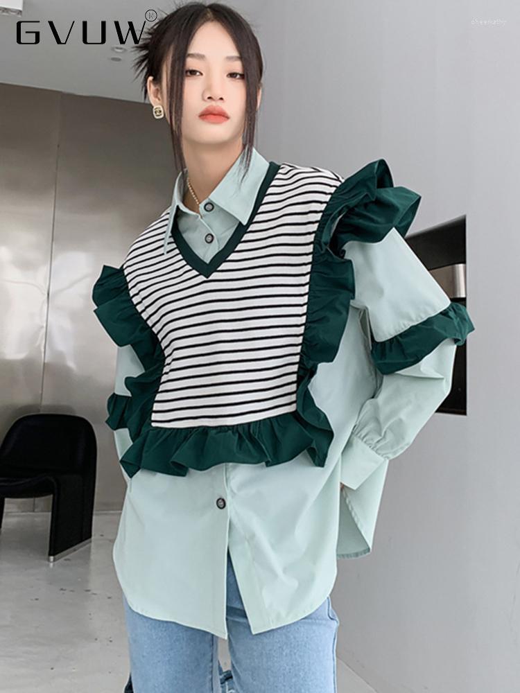 

Women' Blouses & Shirts 2022 Autumn Women' Shirt Fashion Lapel Patchwork Fake Two Striped Ruffles Long Sleeve Casual Blouse Female Tid, Green