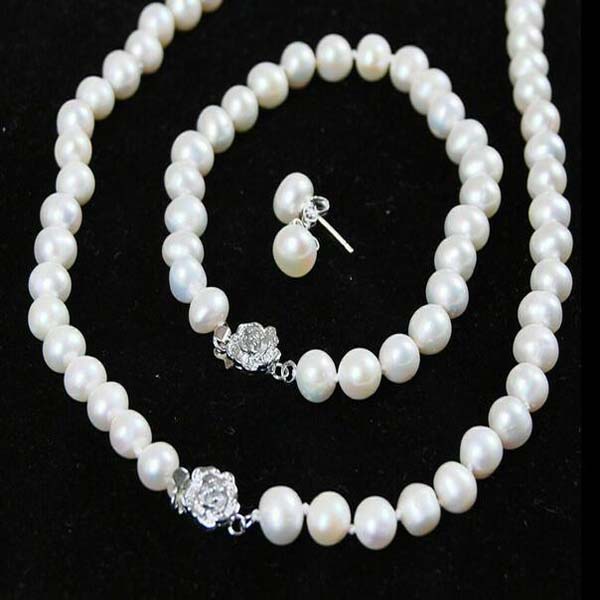 

7--8mm White South Akoya Sea Pearl Hand Knotted Necklace Bracelet Earring Set