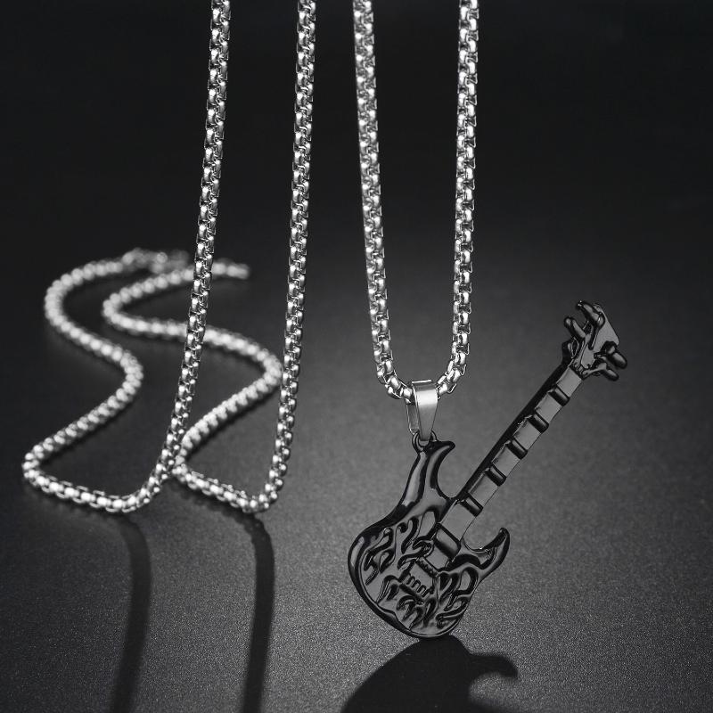 

Pendant Necklaces Punk Rock Black Guitar Necklace Stainless Steel Fashion Musical Instrument Bass Long Chain Jewelry Gift DropPendant
