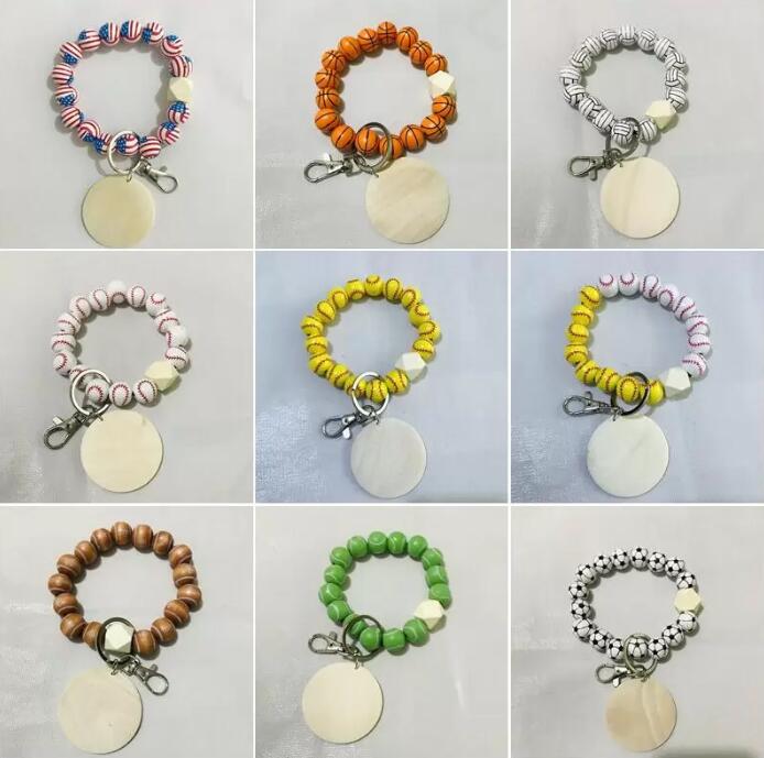 

10 colour wooden bead bracelet key chain Beaded Bracelet Keychain Pendant Party Favor Sports Ball Soccer Baseball Basketball