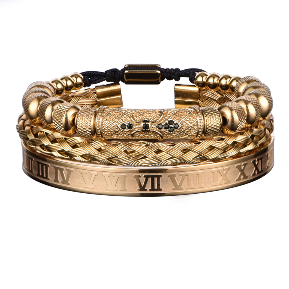 

Luxury 3pcs/Set Flower Charm Gold Bangles Stainless Steel Bracelet Men Roman Number Europe Fashion Jewelry Gift For Male Female