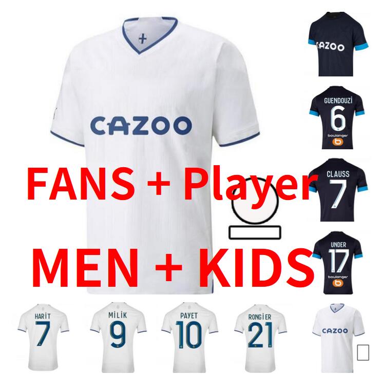 

22 23 Olympique De Marseilles soccer jerseys GUENDOUZI GERSON Under 2022 2023 MILIK maillot foot CLAUSS PAYET football shirts men kids kit fans Player version, Kids size