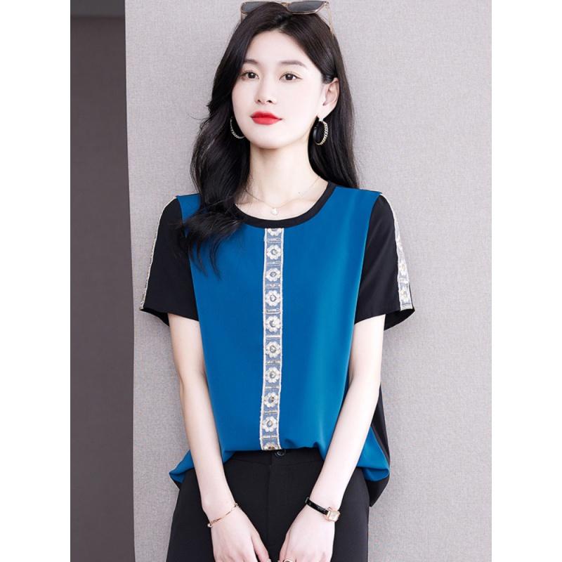 

Women's Blouses & Shirts Silk Blouse Women 2022 Summer Short Sleeve Womens Tops Embroidered Female Clothes Elegant For WomenWomen's, Picture color