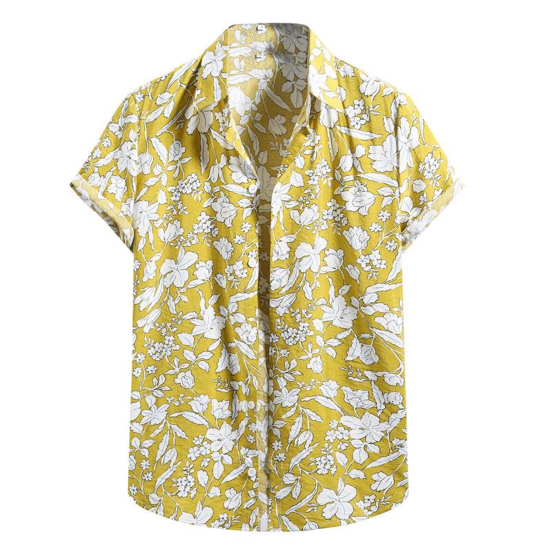 

Men's Casual Shirts Shirt Men Floral Print 2022 Short Sleeve Chemise Homme Flower Mens Dress Camisa Masculina Male Top Clothes, Yellow