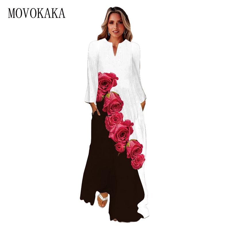 

Casual Dresses MOVOKAKA Spring Autumn 2022 V Neck Dress Elegant Long Sleeve Beach Holiday 3D Rose Print Woman Party, Black;gray