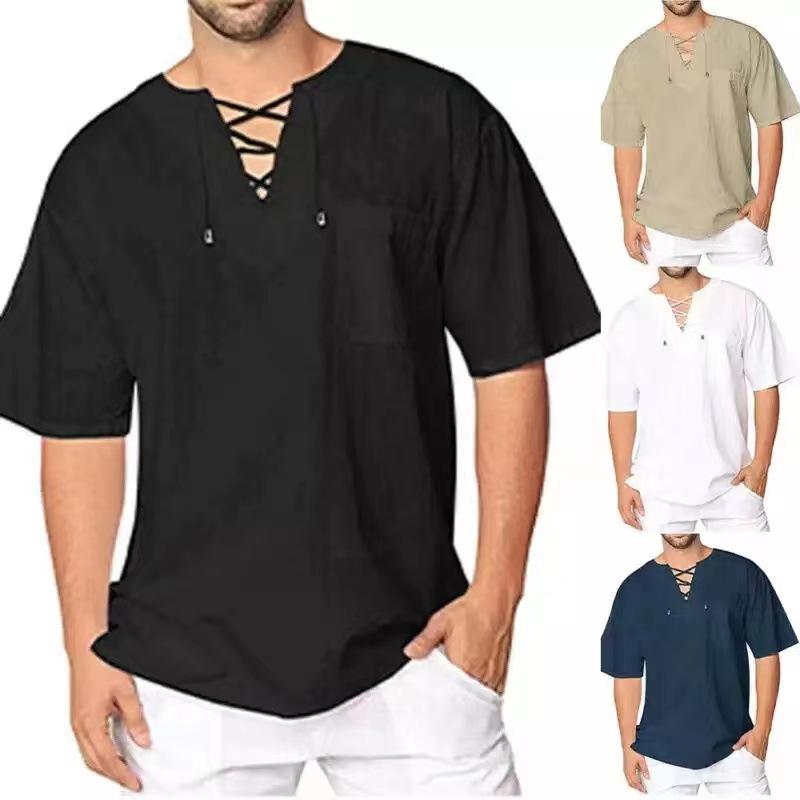 

Men's Casual Shirts Summer Men's Short-Sleeved T-shirt Cotton And Linen Led Shirt Male Breathable S-3XL BandageMen's, No hooded