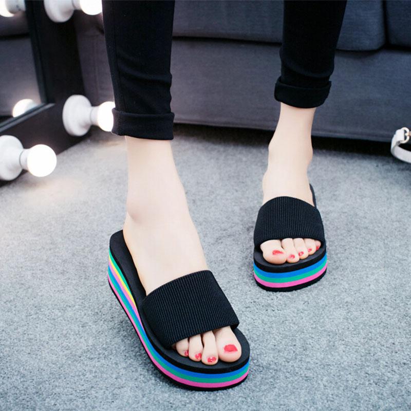 

Slippers 2022 -selling Beach Sandals Flip Flops Wedge With Ladies Home Thick-soled Non-slip Summer Wholesale, Rainbow bottom black
